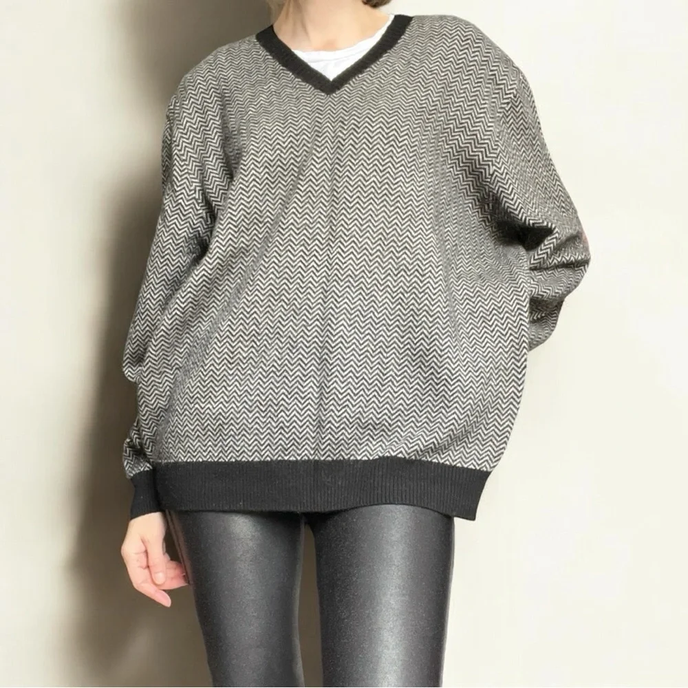 Bobby Jones Chevron V Neck Sweater Wool Cashmere Black Gray XL - Picture 13 of 14